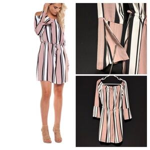 Dex Off-Shoulder Striped Mini Dress S — Lined, Dusty Pink/Black/White